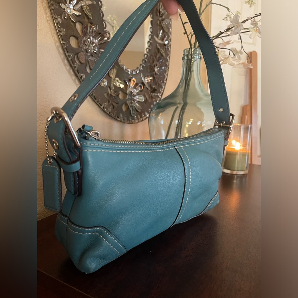 Coach leather Y2K Demi Shoulder Baguette Bag, teal/turquoise